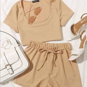 Shein Crop Tee & Tie Waist Shorts Set